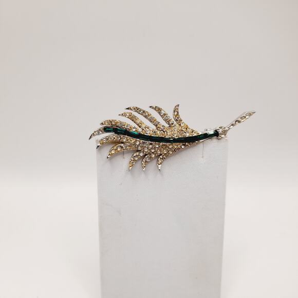 Pell Feather Leaf Brooch Green Baguette Rhinestone Vintage Rhodium 3" - Picture 3 of 8